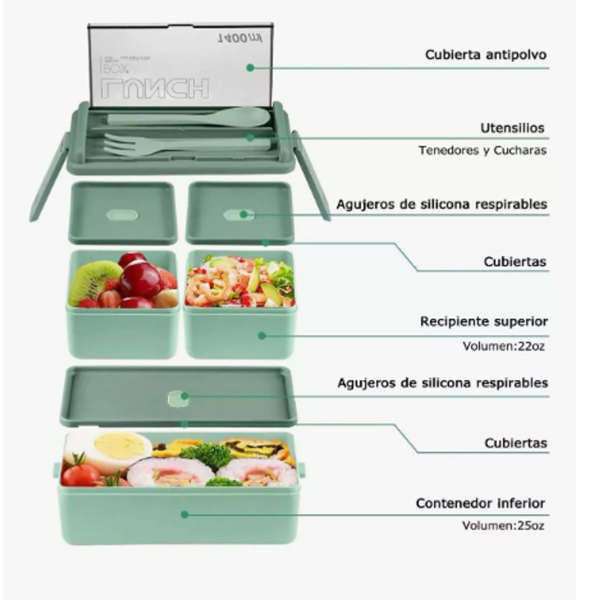 GENERICO - Lunch Box 2 Niveles Fiambrera Desmontable Con Cubiertos Verde