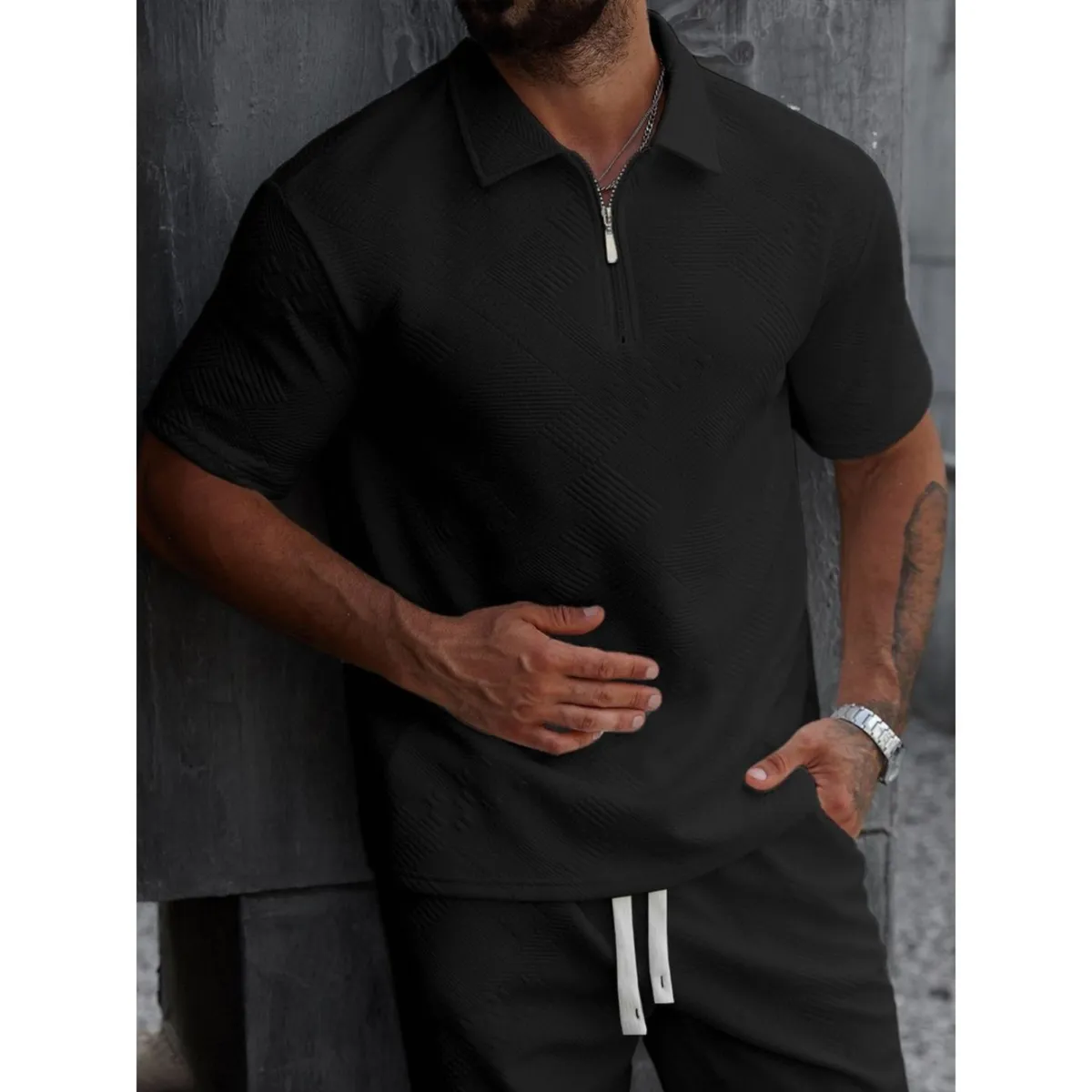 LIKE SHOP - Polera Hombre Manga Corta Textura Suave Cierre Tendencia 0273