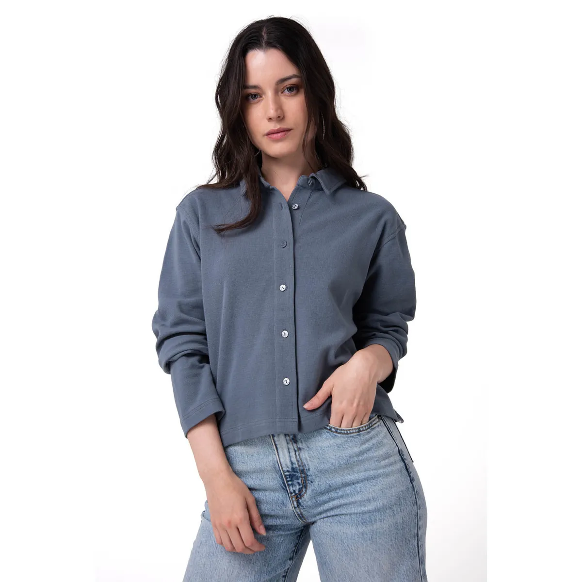 CAT - Camisa Manga Larga Mujer Waffle Knit Azul CAT