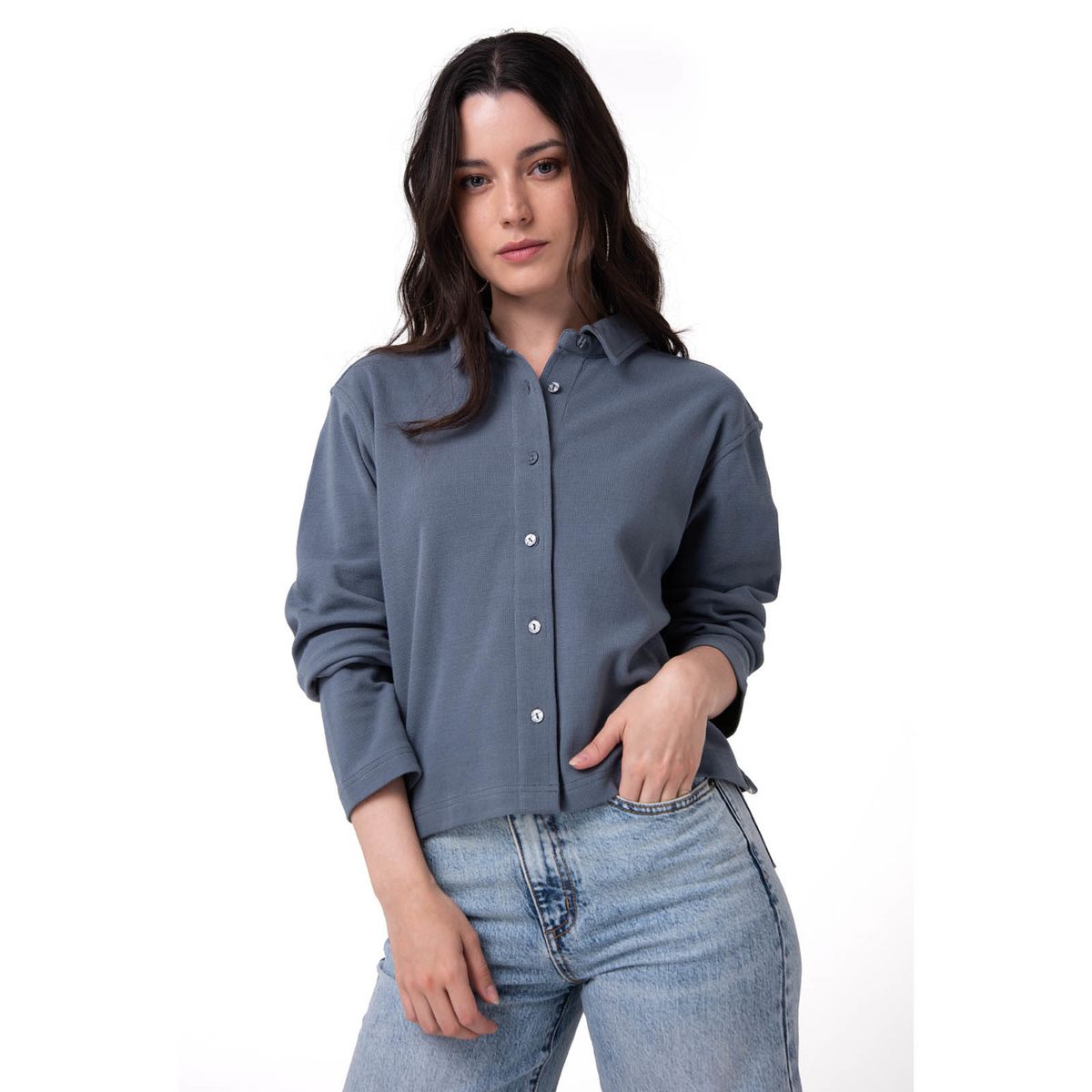 CAT - Camisa Manga Larga Mujer Waffle Knit Azul CAT