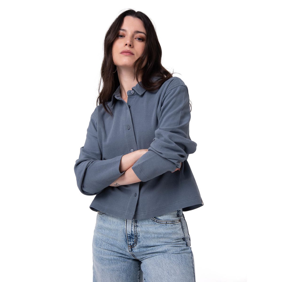 CAT - Camisa Manga Larga Mujer Waffle Knit Azul CAT