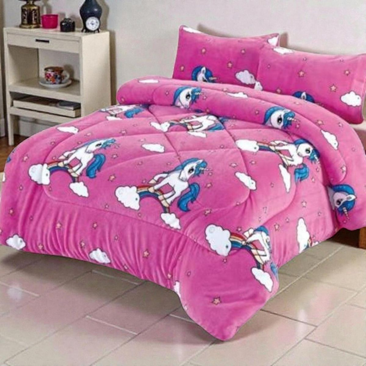 GENERICO - Plumon Plush Liso Con Chiporro 1.5 Plazas + 1 Funda Almohada - Multicolor - 1,5 Plazas