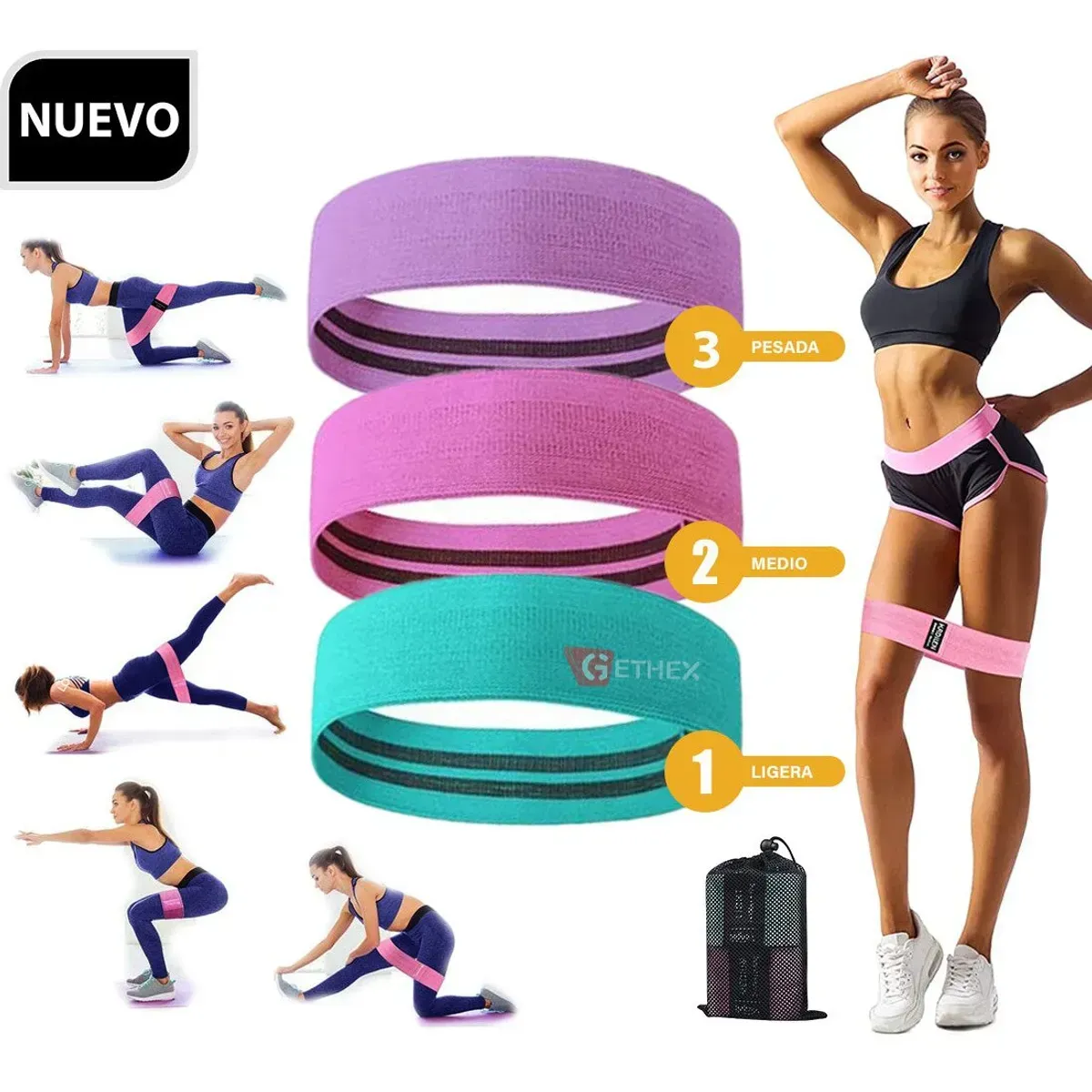 MOVI - Bandas Elásticas para piernas y glúteos, tela antideslizante, 3 niveles