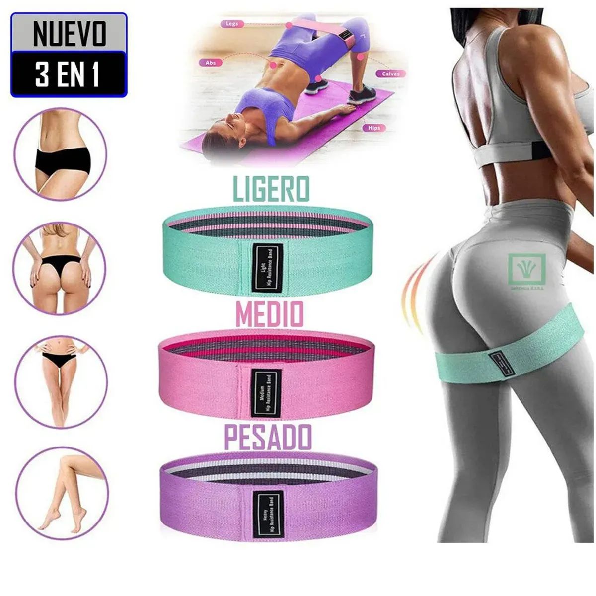 MOVI - Set de 3 Bandas Elásticas para piernas y glúteos, tela antideslizante