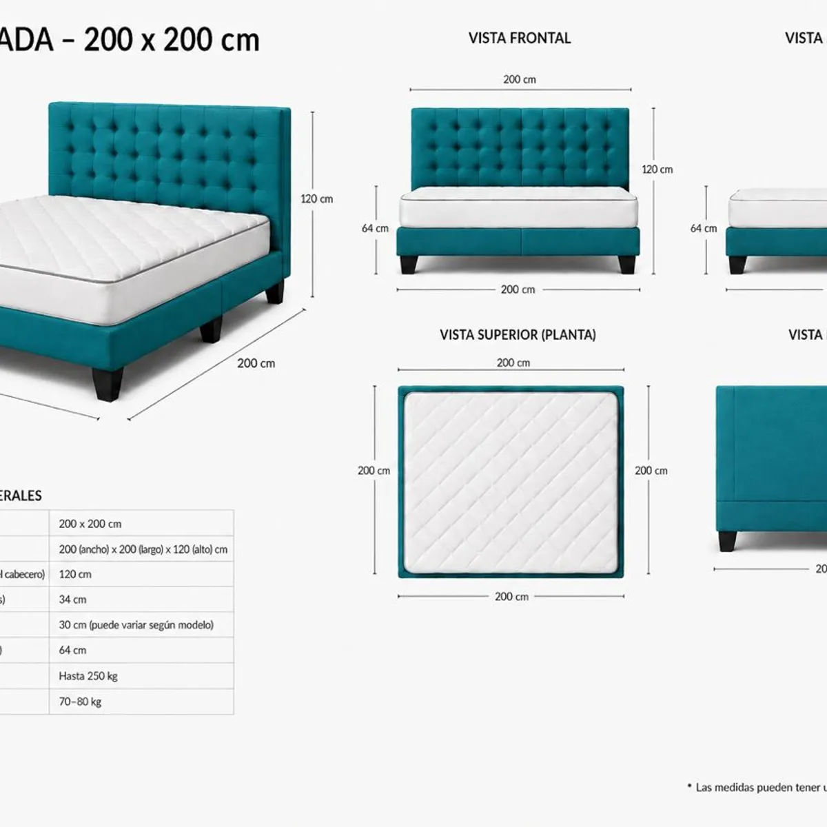 FLOBAL - Cama Europea Super King + Respaldo Capitones Turquesa +Colchón 200x200x29cm