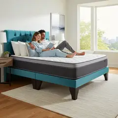 FLOBAL - Cama Europea Super King + Respaldo Capitones Turquesa +Colchón 200x200x29cm