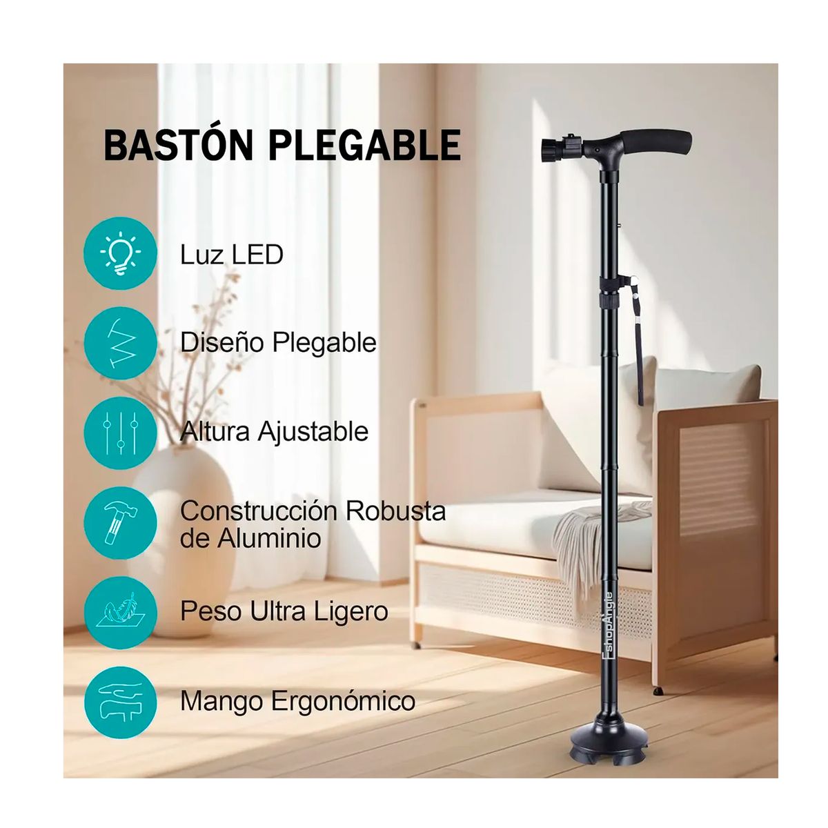 ESHOPANGIE - Baston Ortopedico Plegable Con Luz Led Base Adulto Ajustable
