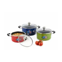 GENERICO - Bateria de 3 Ollas de Acero Inoxidable Con tapa de Vidrio de Colores Surtidos