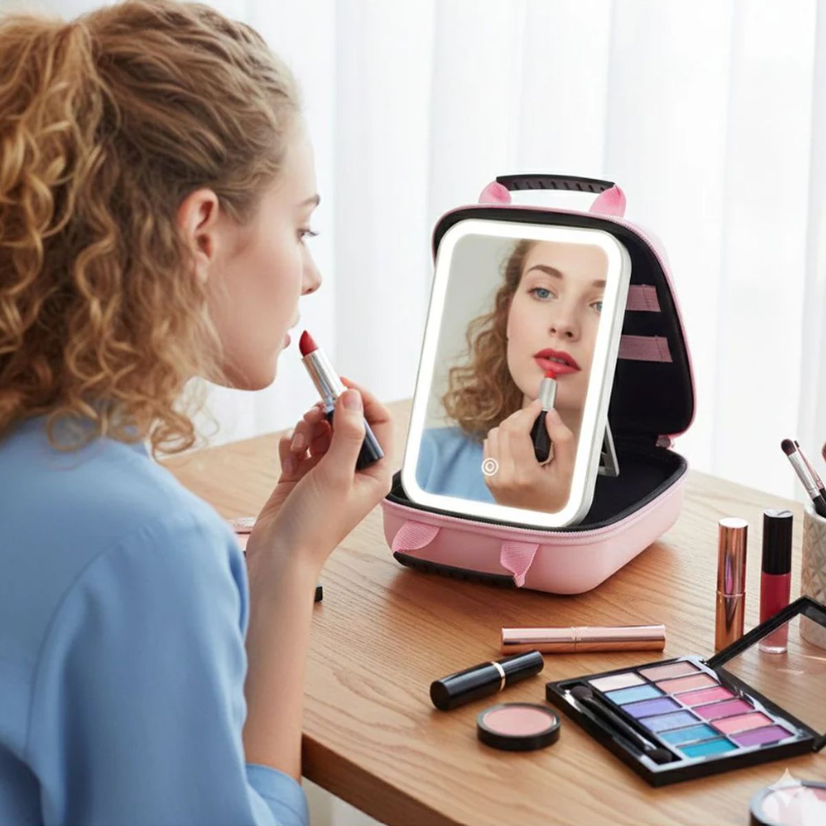 GENERICO - Maletín De Maquillaje Con Espejo Luz Led Organizador Pequeño Rosa