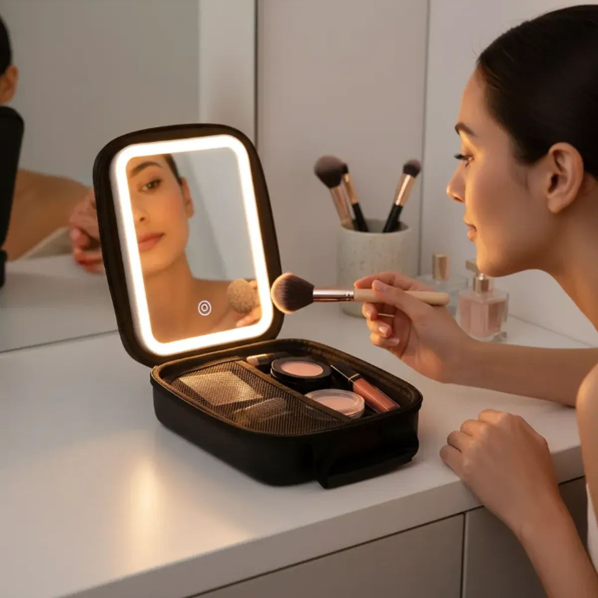 GENERICO - Maletín De Maquillaje Con Espejo Luz Led Organizador Pequeño Negro