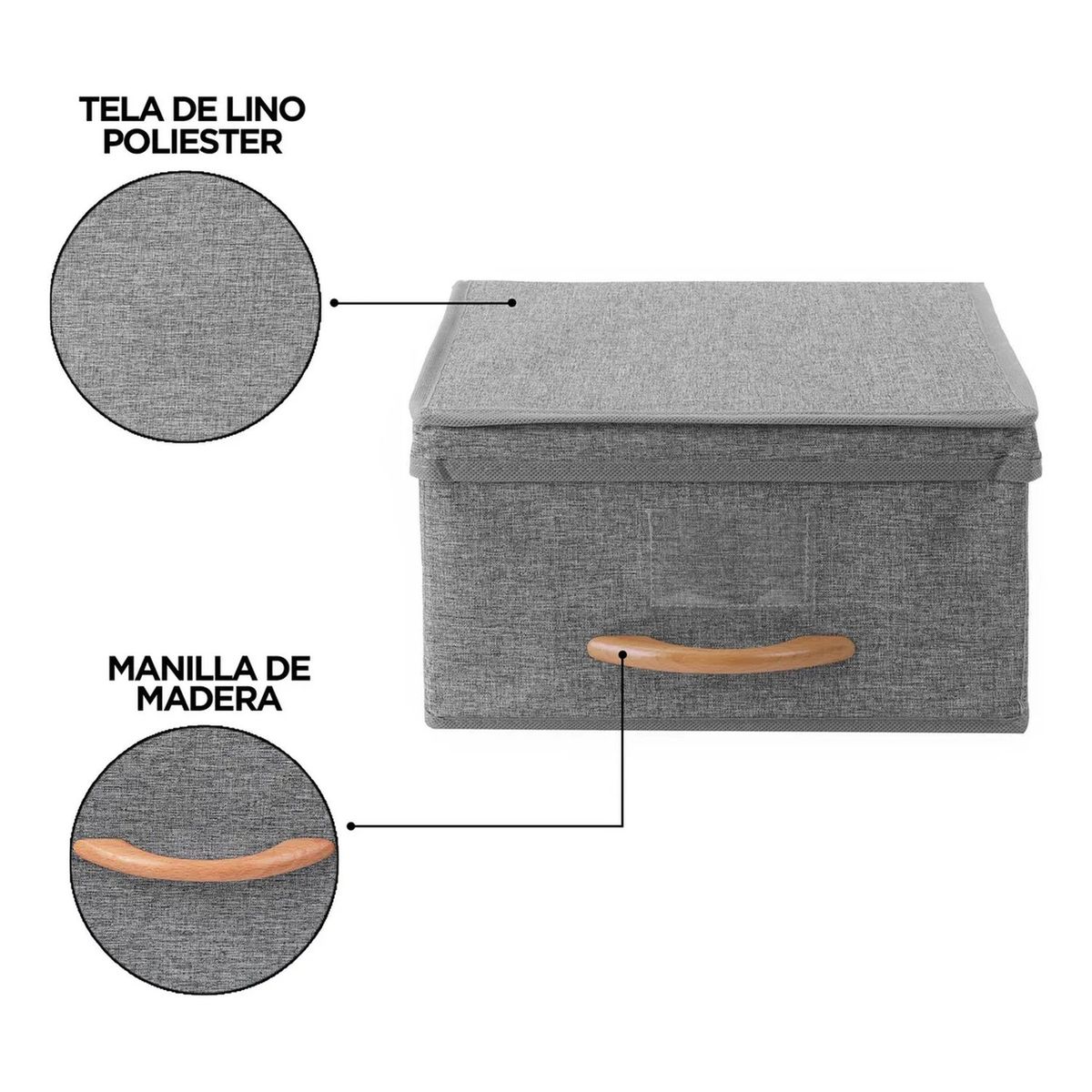 GENERICO - Caja Organizadora Plegable Tela Poliéster Manilla Madera Visor - Pack 3