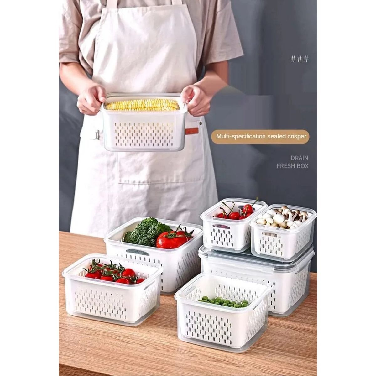 GENERICO - Caja de Almacenamiento de Alimentos Plástico con Tapa y Drenaje