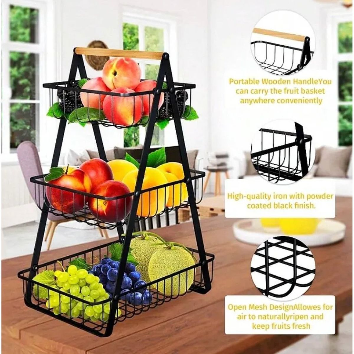 GENERICO - Organizador De Cocina Metálico 3 Niveles Negro