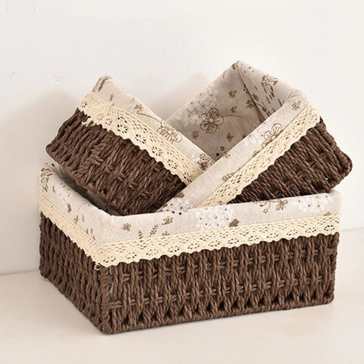 GENERICO - Canastas Organizadoras Rectangulares de Mimbre con Forro Floral Beige