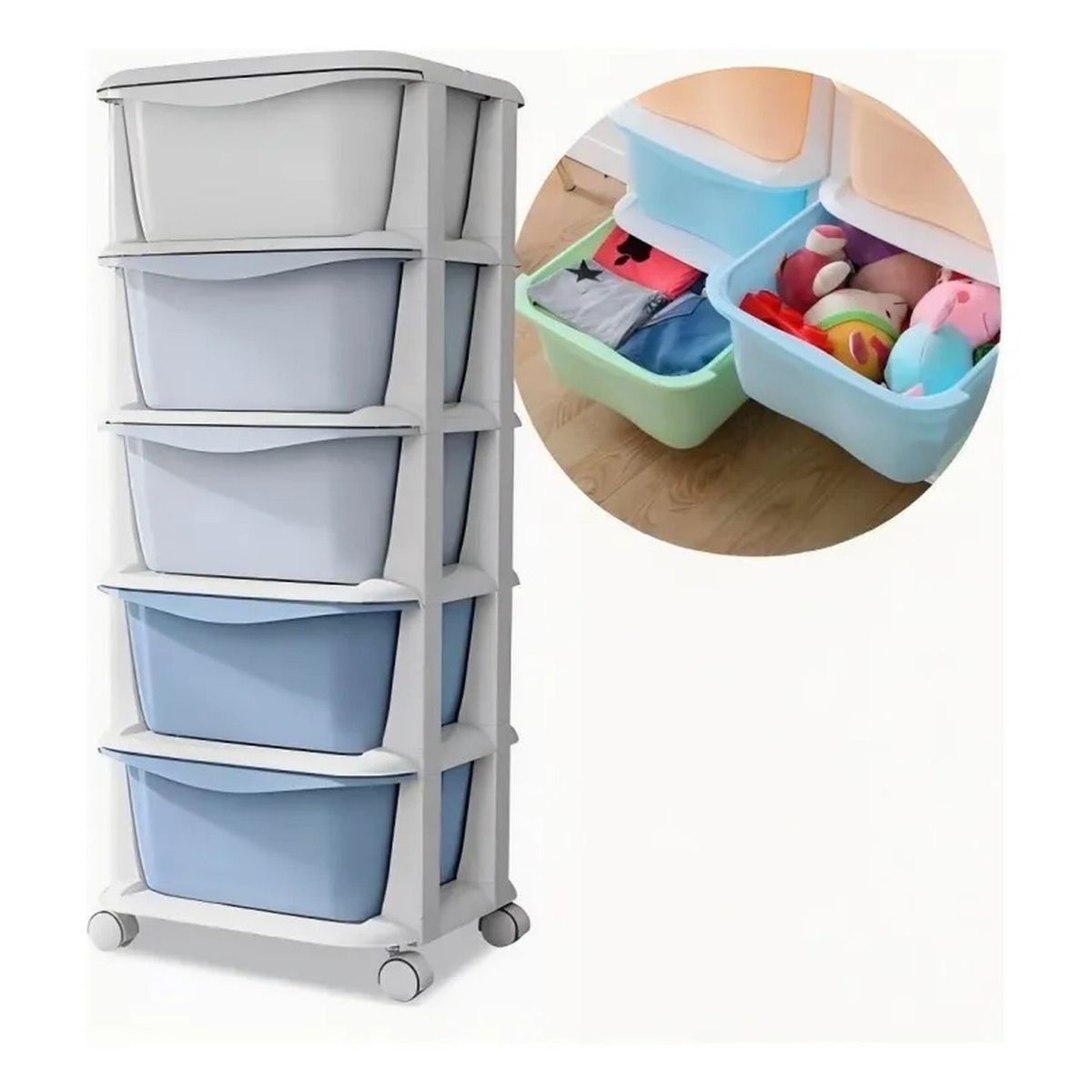 GENERICO - Organizador de Plástico con Cajones Apilables 5 Niveles Ruedas Blanca Azul