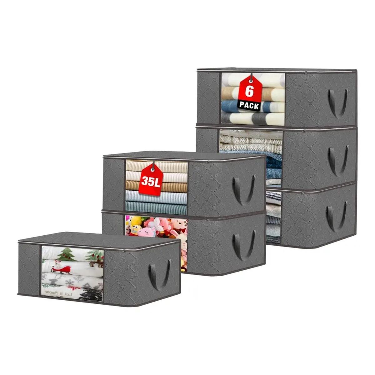 GENERICO - Cajas Organizadoras de Tela con Cremallera 35L Plegables Ventana Transparente 6 Unidades