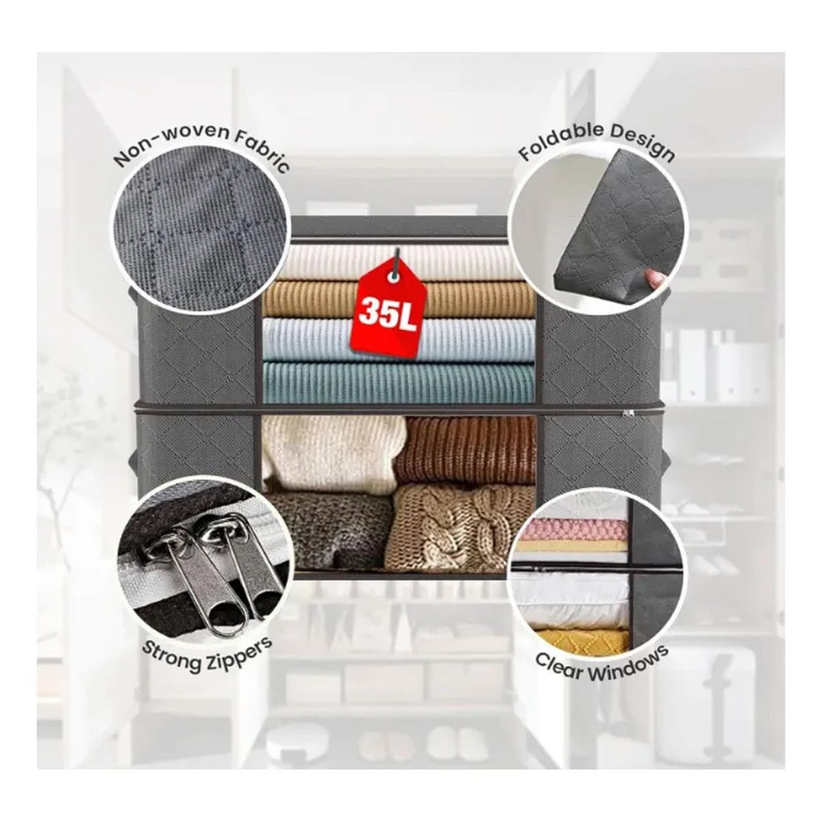 GENERICO - Cajas Organizadoras de Tela con Cremallera 35L Plegables Ventana Transparente 6 Unidades