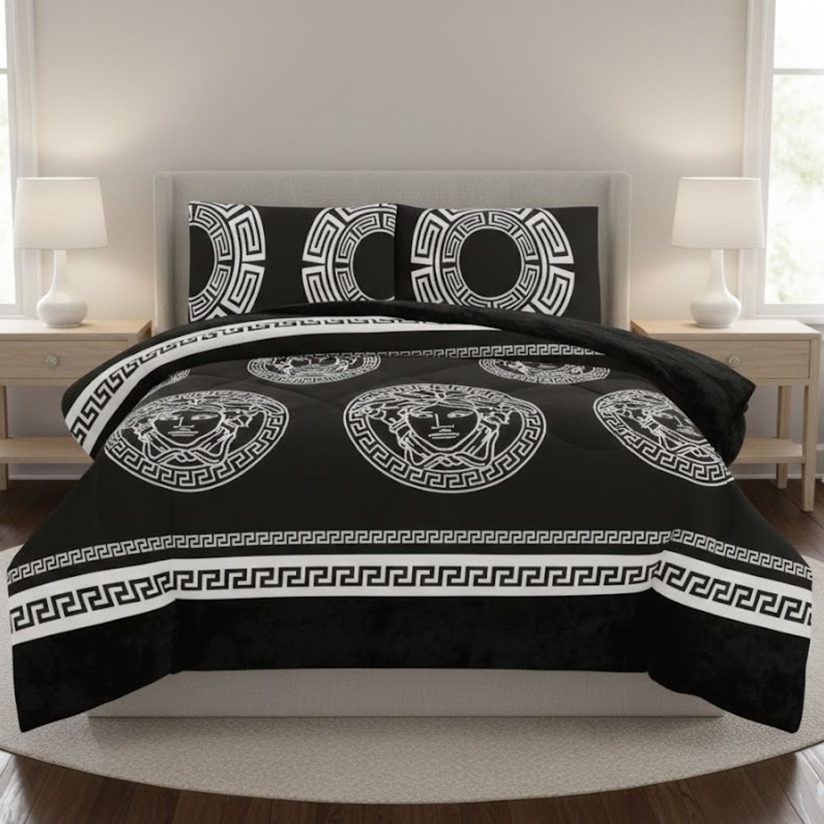 GENERICO - COBERTOR DE INVIERNO 2 PLAZA PLUSH CON CHIPORRO DISEÑO NEGRO GRIEGO  DN