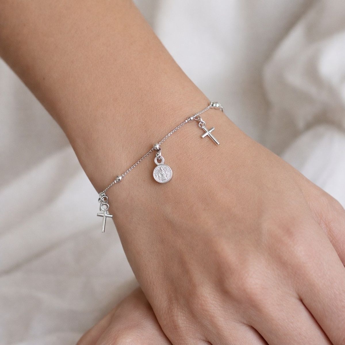 TODOJOYAS - Pulsera Plata 925 San Benito Medallas y Cruz