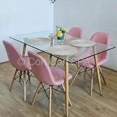 CORI CORI - Juego de Comedor Rubi Vidrio 120x80 cm + 4 Sillas Capitonne Eames Ecocuero