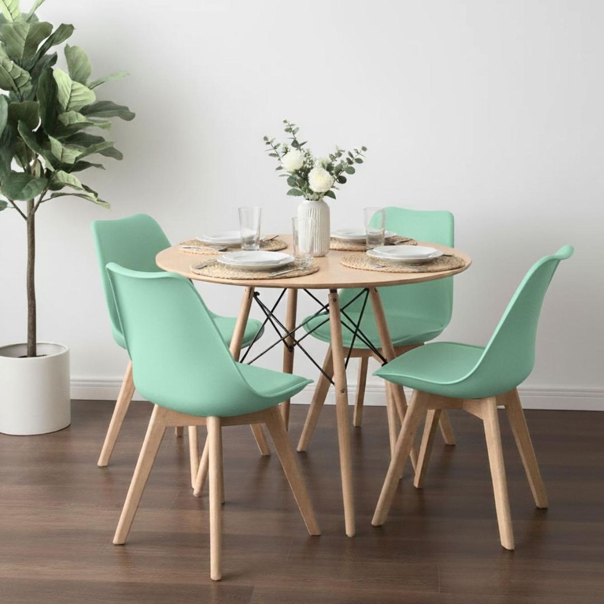 PANDALINO - Comedor Redondo Shanna 80 cm + 4 Sillas Tulip Menta