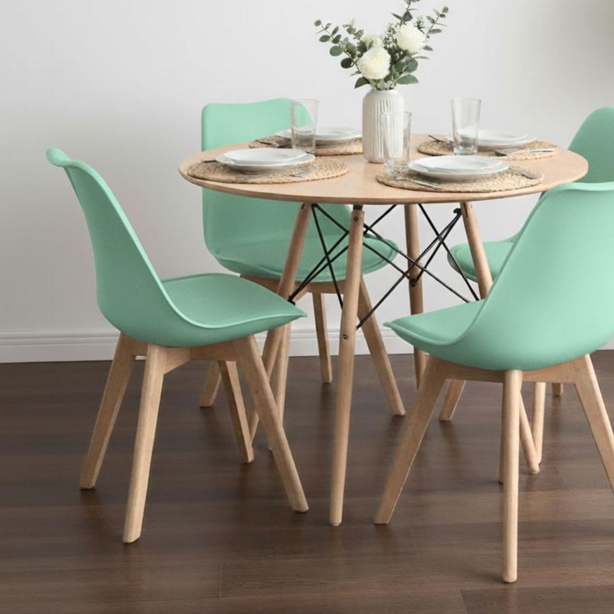 PANDALINO - Comedor Redondo Shanna 80 cm + 4 Sillas Tulip Menta