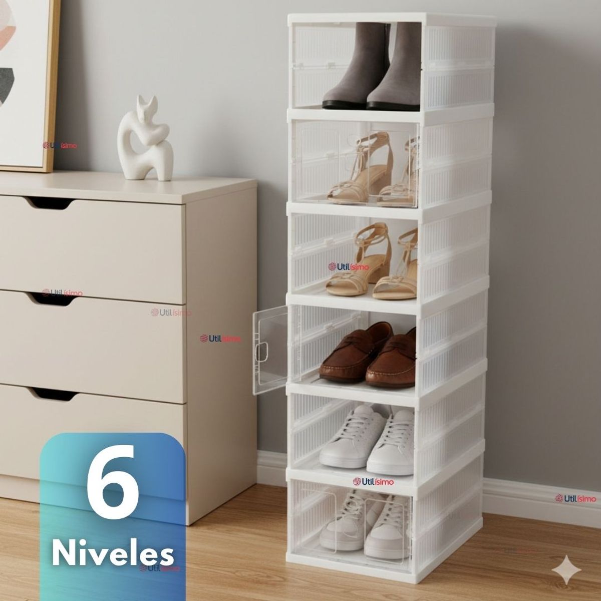 LINE - Zapatera Plegable 6 Niveles Cajas Organizadoras Apilable Color Blanco