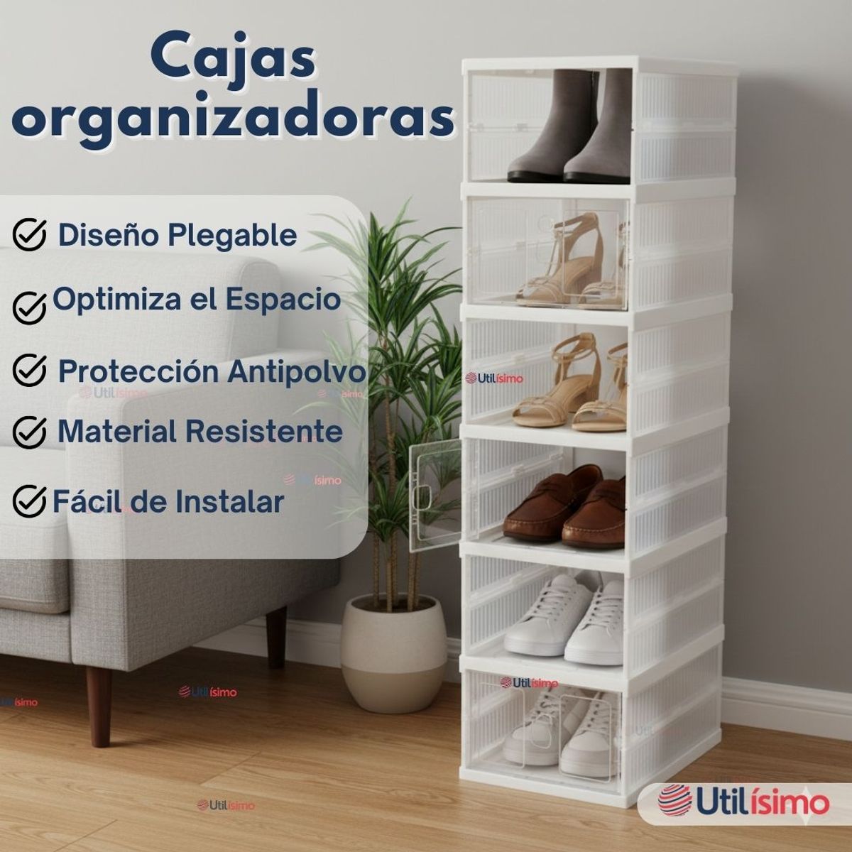LINE - Zapatera Plegable 6 Niveles Cajas Organizadoras Apilable Color Blanco