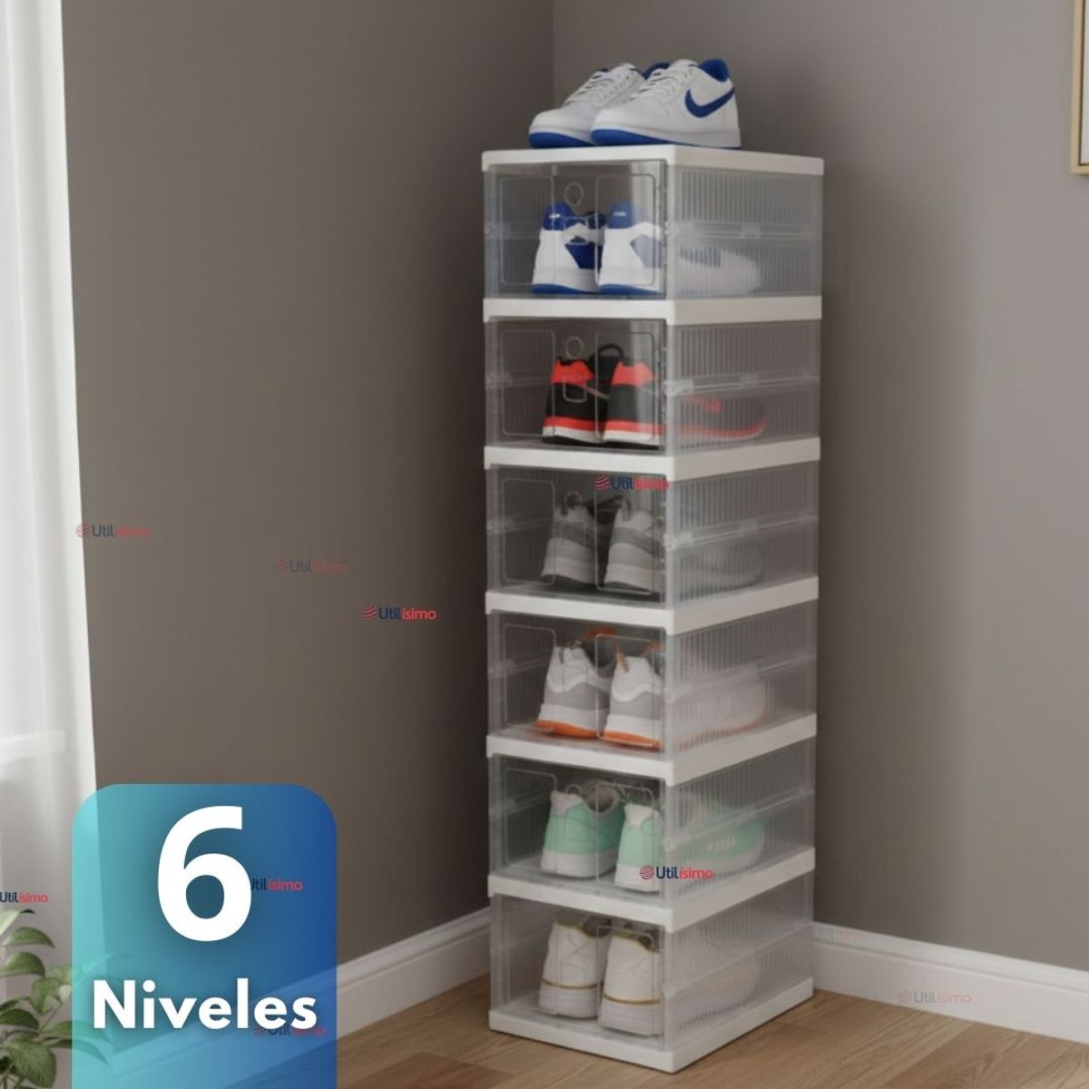LINE - Zapatera Plegable 6 Niveles Cajas Organizadoras Apilable Color Blanco