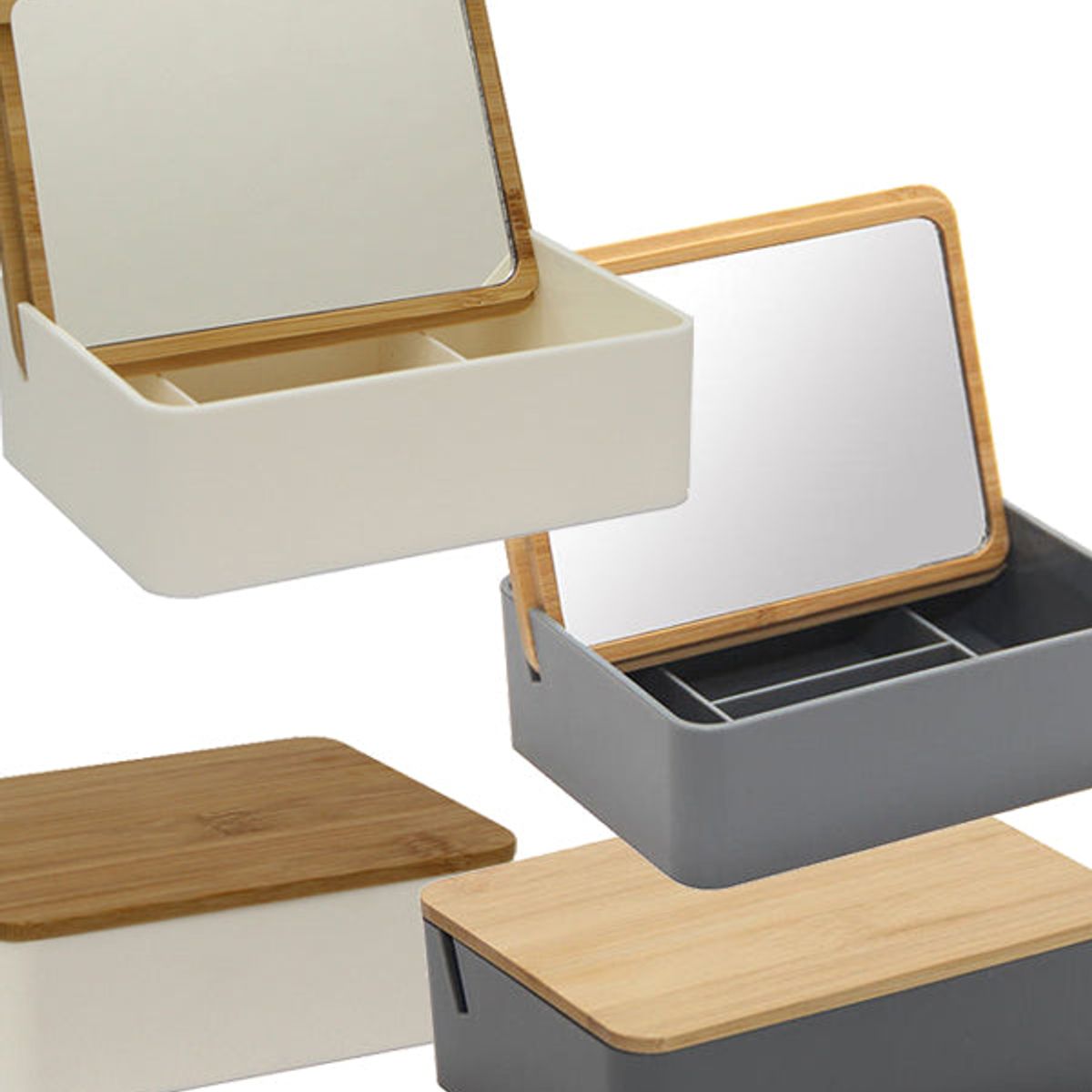 VGO - Espejo de mesa plastico con alhajero Crema