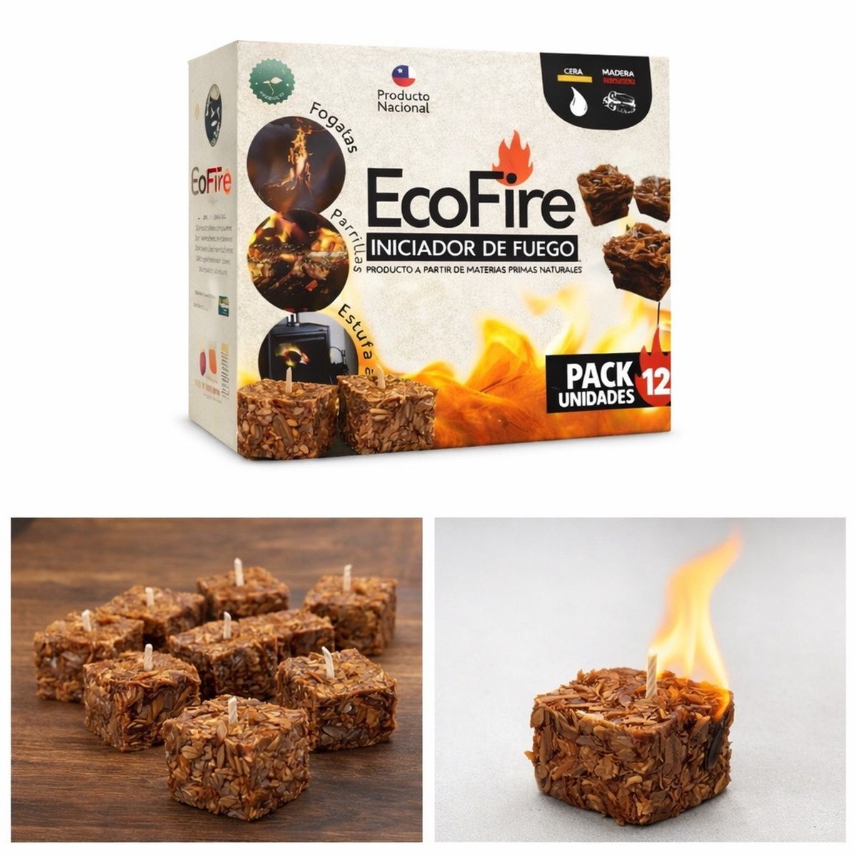 GENERICO - Iniciador de Fuego EcoFire Natural para Parrilla y Estufa Pack 12 Unidades