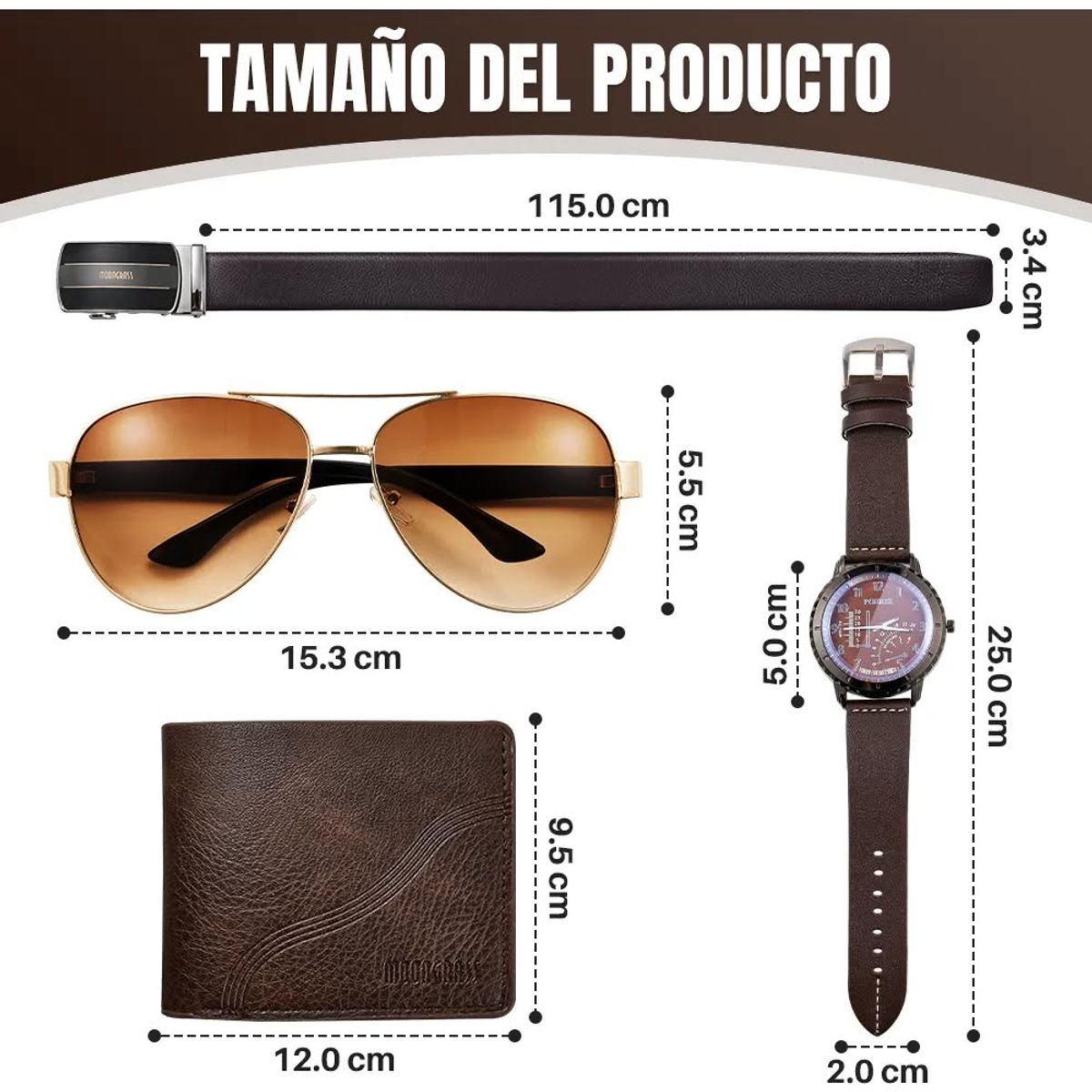 GENERICO - Caja cinturon+ lentes+ billetera + reloj para hombre
