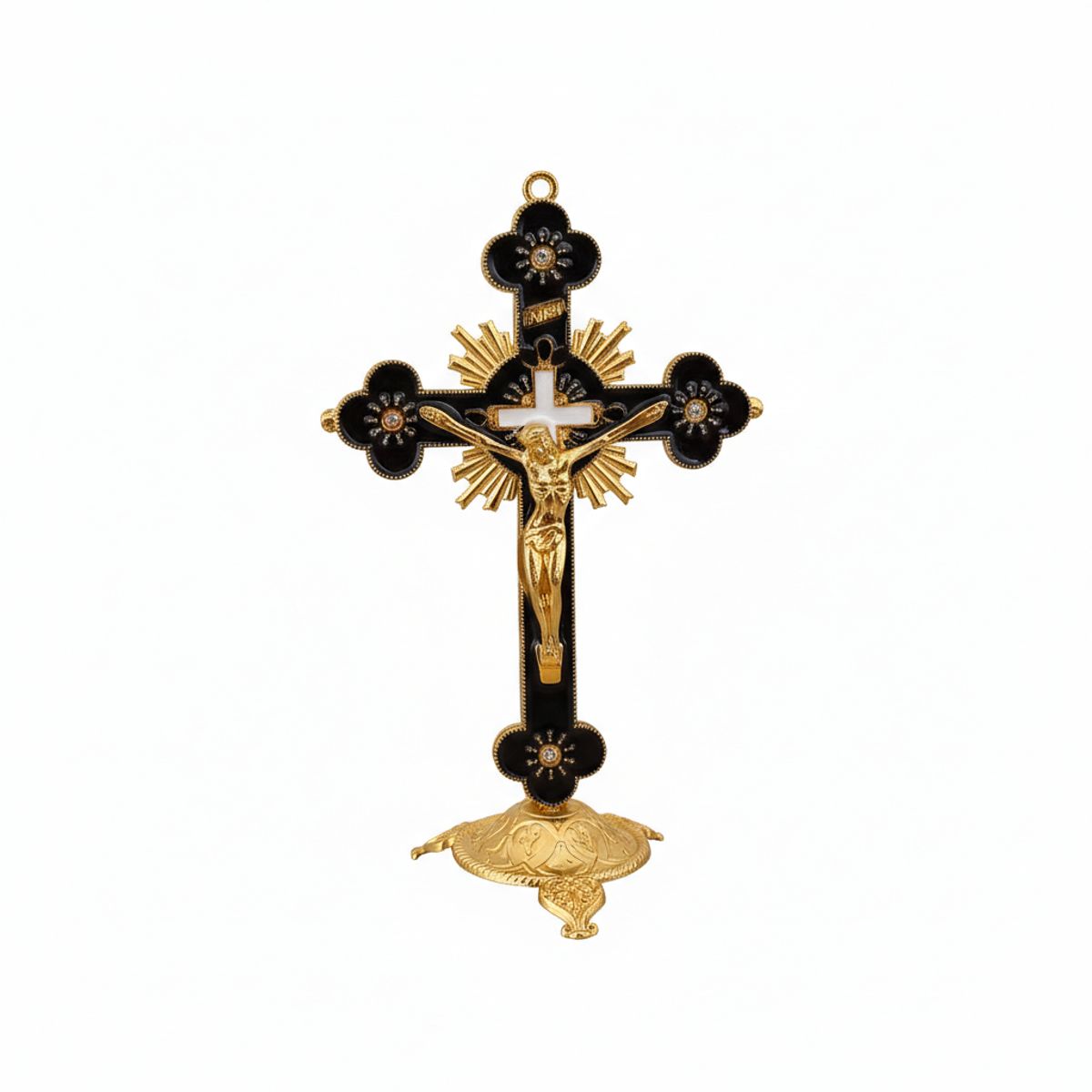 GENERICO - Cruz Crucifijo Jesus Dorado Negro Catolico de Mesa 12 CMS Estatua