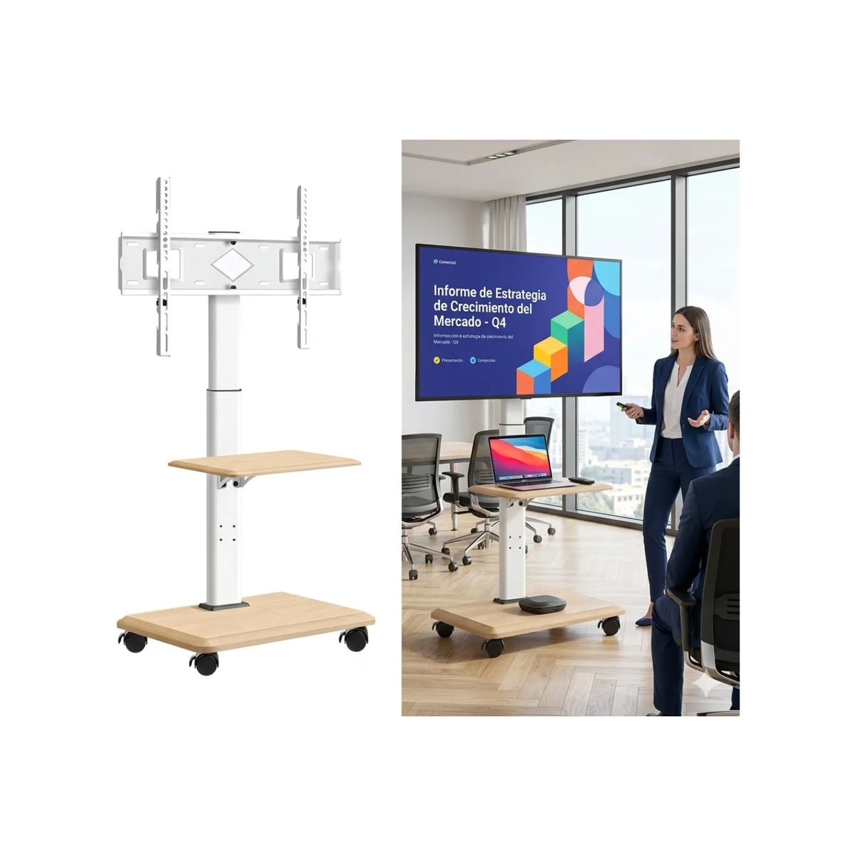 GENERICO - Soporte Tv Rack Movil Con Ruedas 32 A 70 Base Pedestal Stand Color Blanco Beige