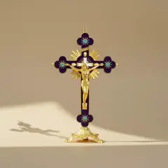 GENERICO - Cruz Crucifijo Jesus Dorado Azul Catolico de Mesa 18 CMS Estatua Altar