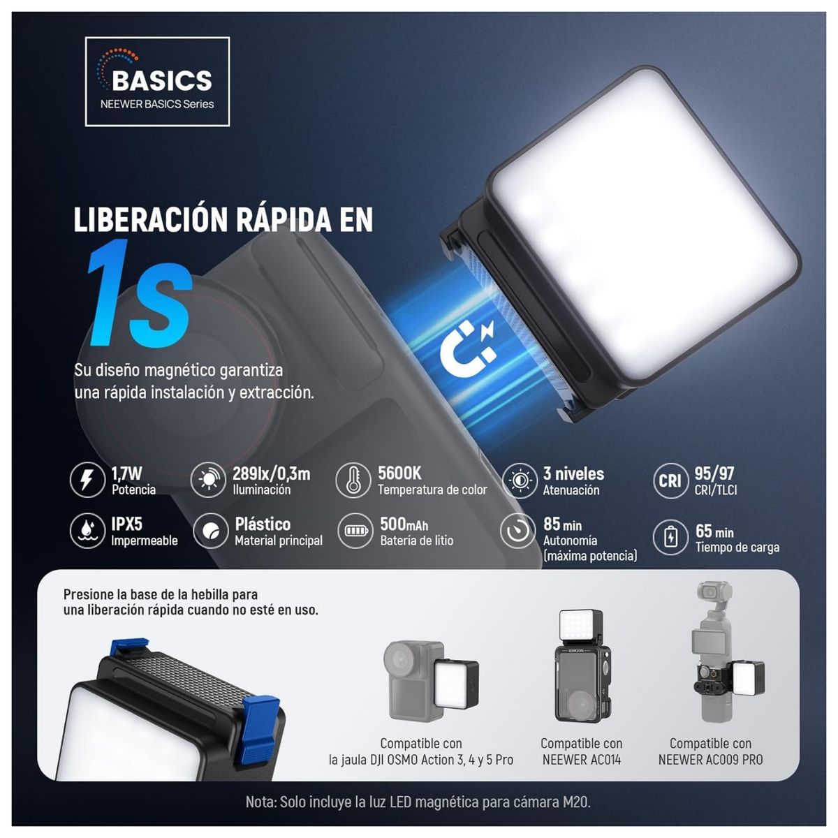 NEEWER - Video Luz Led Magnética P/ Dji Osmo Action Cámara 3 4 5 6 Pro Mini Luz Relleno Plástico 5600K CRI95