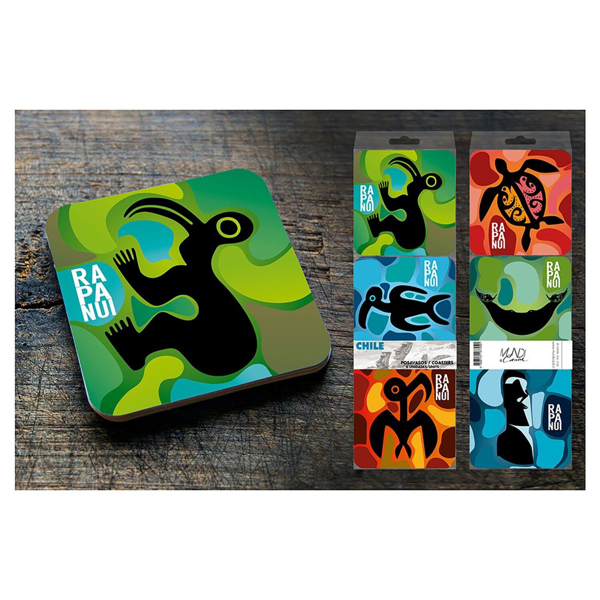 MUNDICARD - Set 6 Posavasos De Corcho Diseño Rapa Nui