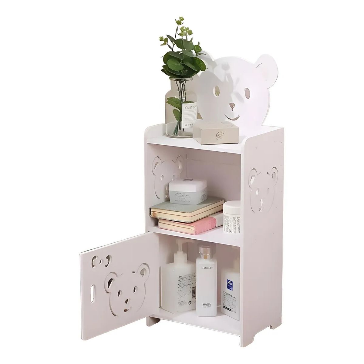 GENERICO - Mesa de Noche Infantil Con Puerta Doble Diseño de Osos Blanca