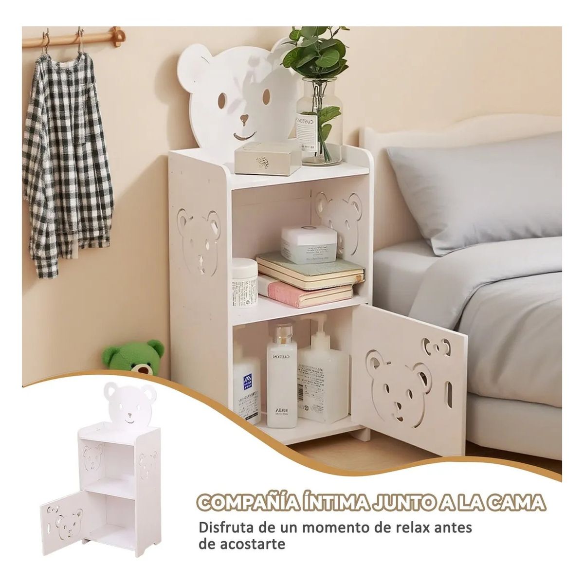GENERICO - Mesa de Noche Infantil Con Puerta Doble Diseño de Osos Blanca