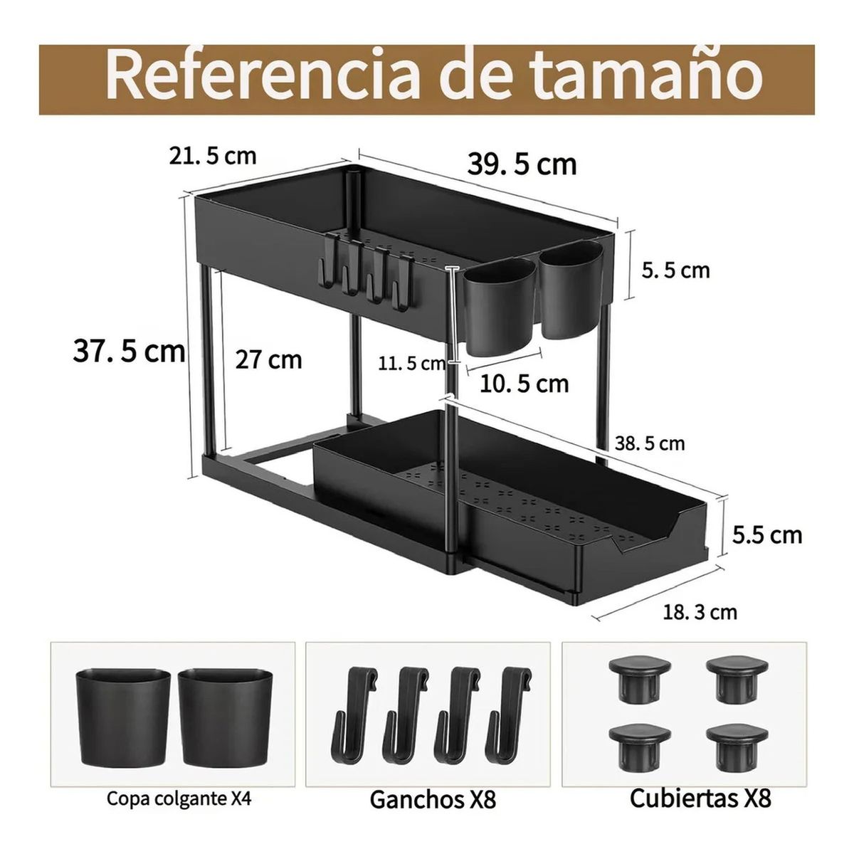 GENERICO - Organizador de Cocina Multiusos 2 Niveles con Ganchos y Vasos Negro