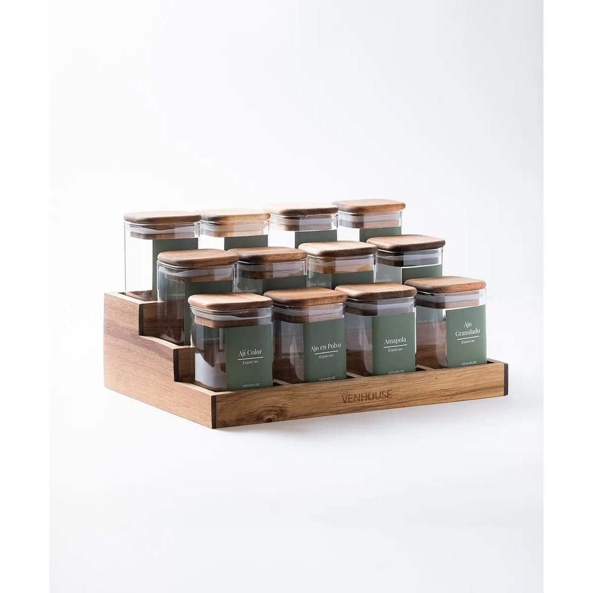 GENERICO - Set de Frascos de Vidrio con Tapa de Madera y Base de Bambú para Especias 12 Piezas