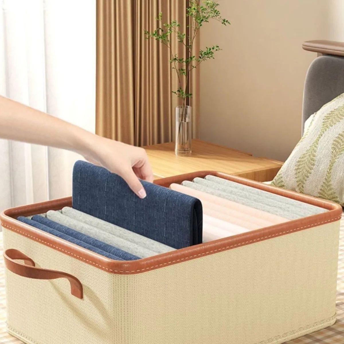 GENERICO - Caja Organizadora Tela Beige Con Asas PU 47x35x30 cm