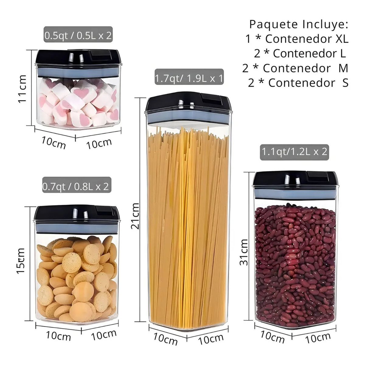 GENERICO - Set Contenedores Herméticos de Cocina Plástico Transparente Con Tapa Silicona y Etiquetas