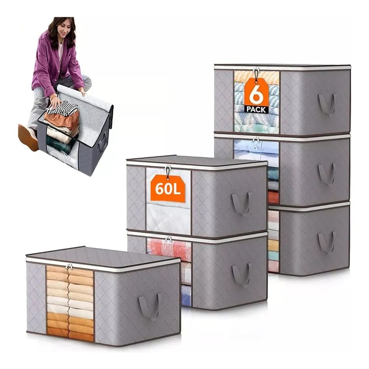 GENERICO - Caja Organizadora De Ropa Plegable 60L Tela Gris 6 Piezas