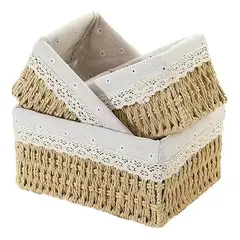 GENERICO - Set de Cestas Organizador Tejidas de Algodón con Forro Beige Rectangulares