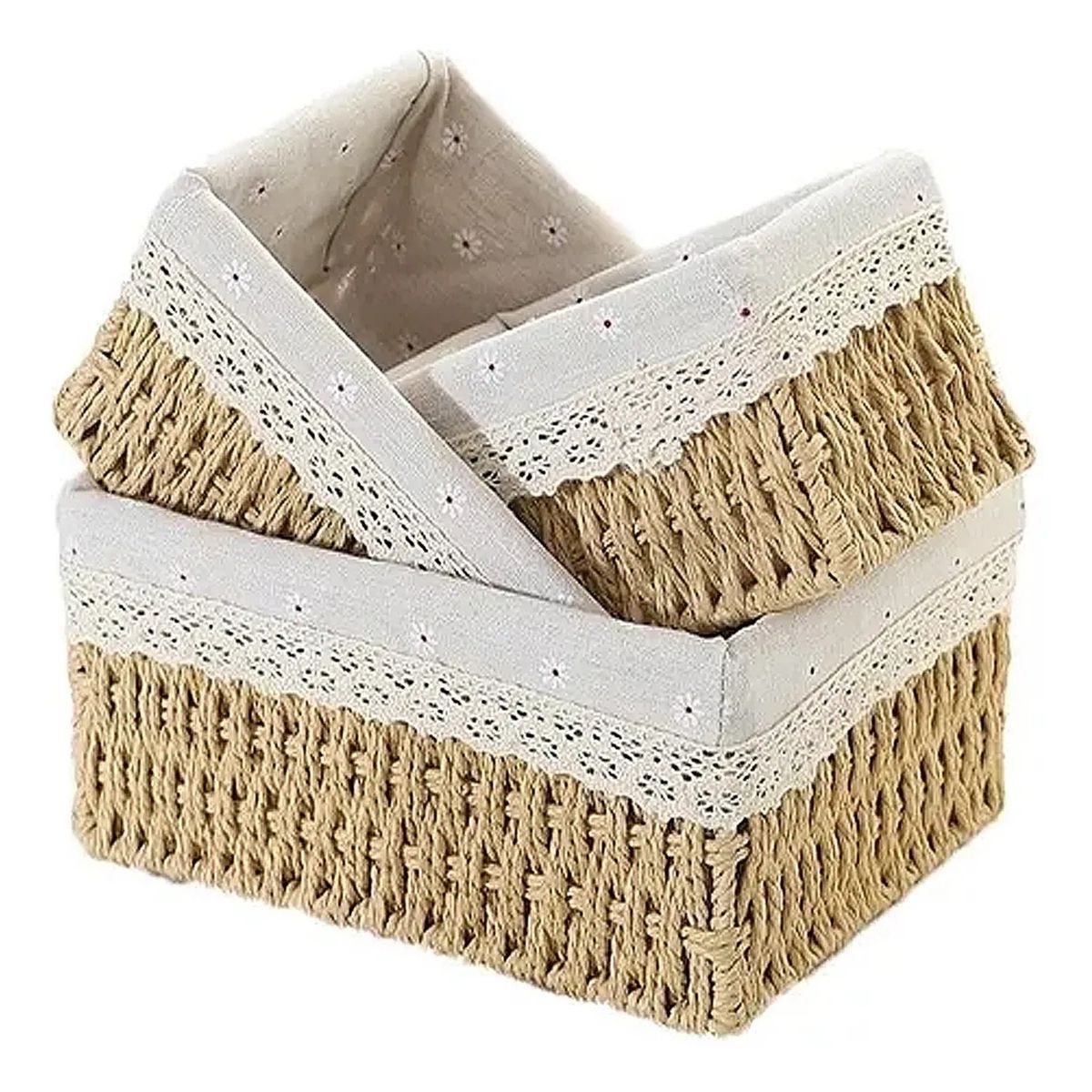 GENERICO - Canasta Organizador de Mimbre Forrada Beige Rectangular Set x3