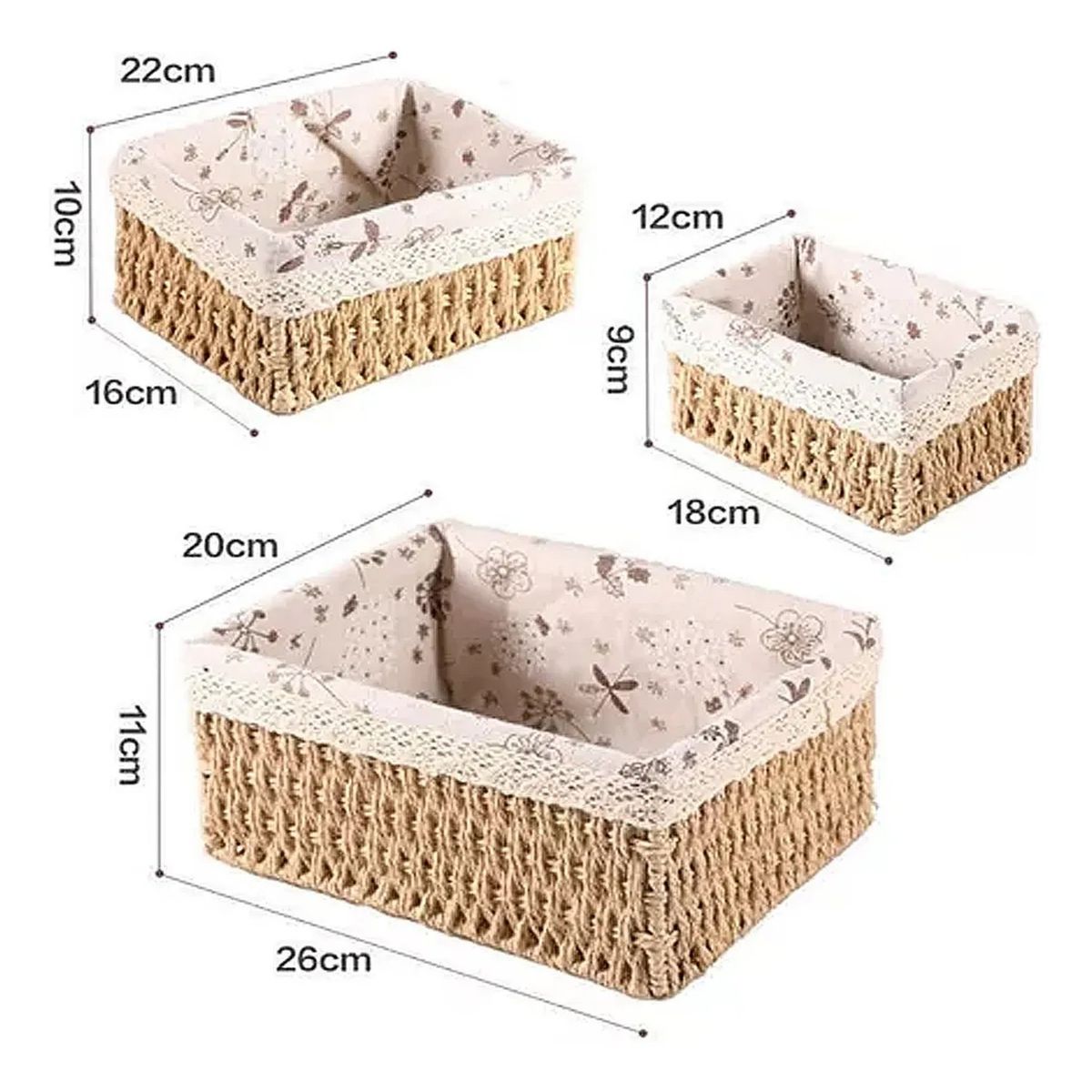 GENERICO - Canasta Organizador de Mimbre Forrada Beige Rectangular Set x3