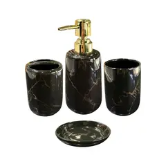 GENERICO - Set Accesorios de Baño 4 Piezas Cerámica Negro Marmoleado – Dispensador y Porta Cepillos