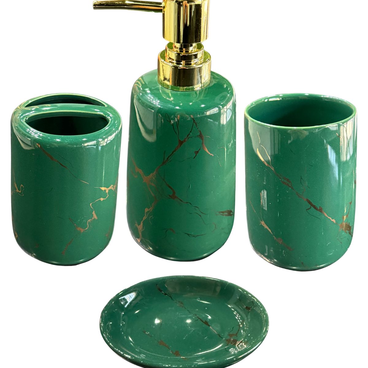 GENERICO - Set Accesorios De Baño 4 Piezas Cerámica Verde Marmoleado 400ML