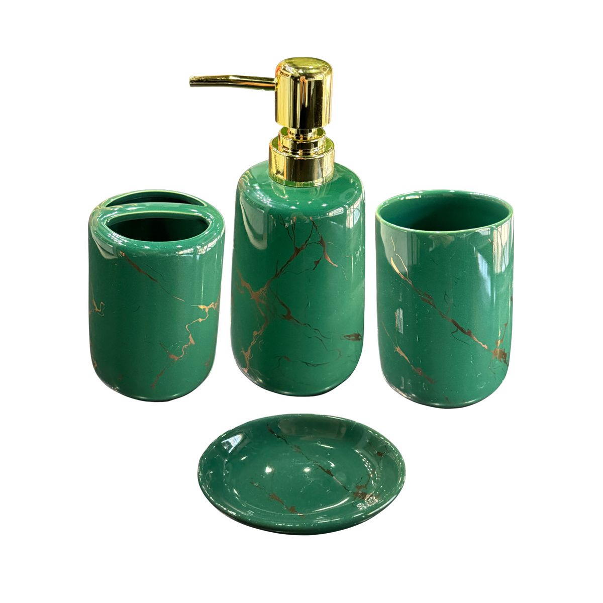 GENERICO - Set Accesorios De Baño 4 Piezas Cerámica Verde Marmoleado 400ML